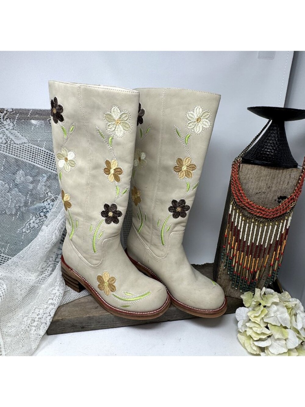 Floral Embroidered Beige Knee-High Western Boots With Stacked Heel & Rubber Sole